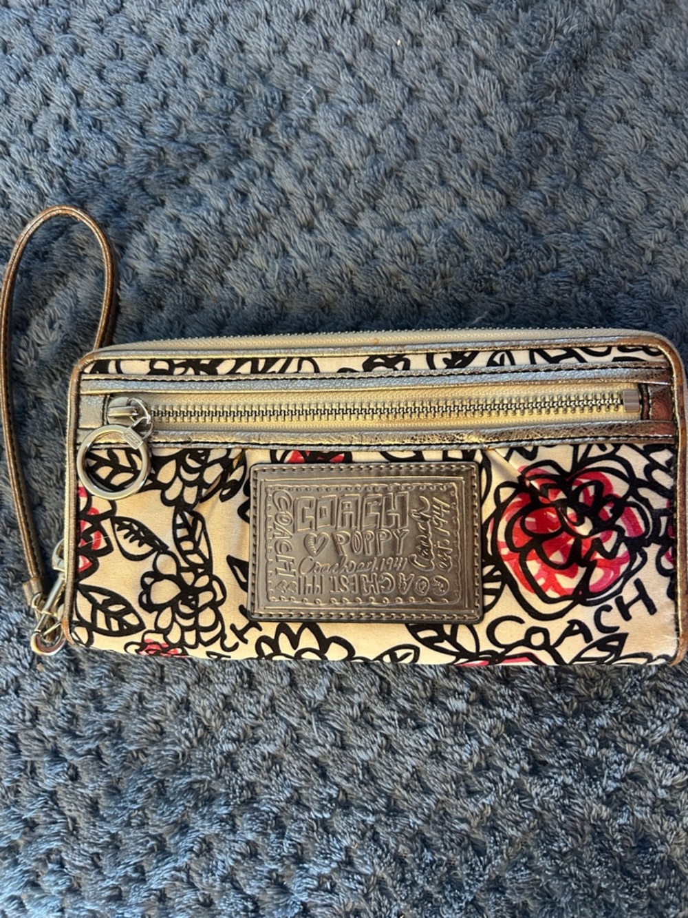 Coach Poppy Cream Floral Wristlet with Red and Black Accents